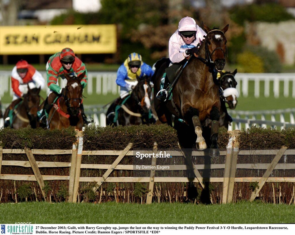 27 December 2003; Guilt, with Barry Geraghty up, jumps the last on the way to winning the Paddy Power Festival 3-Y-O Hurdle, Leopardstown Racecourse, Dublin. Horse Racing. Picture Credit; Damien Eagers / SPORTSFILE *EDI*