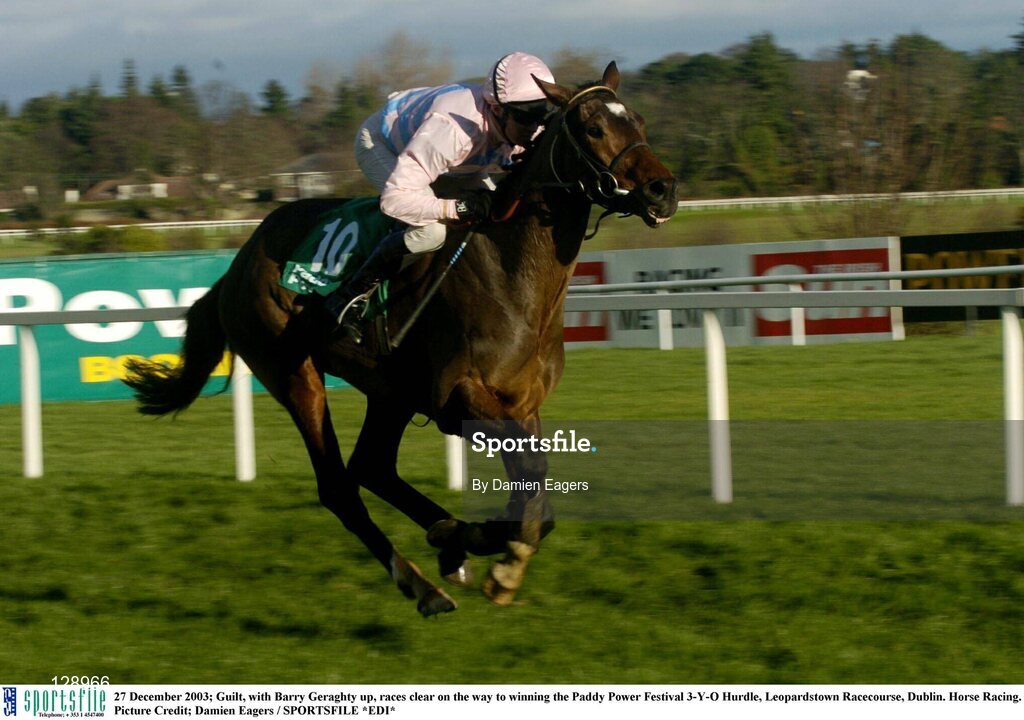 27 December 2003; Guilt, with Barry Geraghty up, races clear on the way to winning the Paddy Power Festival 3-Y-O Hurdle, Leopardstown Racecourse, Dublin. Horse Racing. Picture Credit; Damien Eagers / SPORTSFILE *EDI*