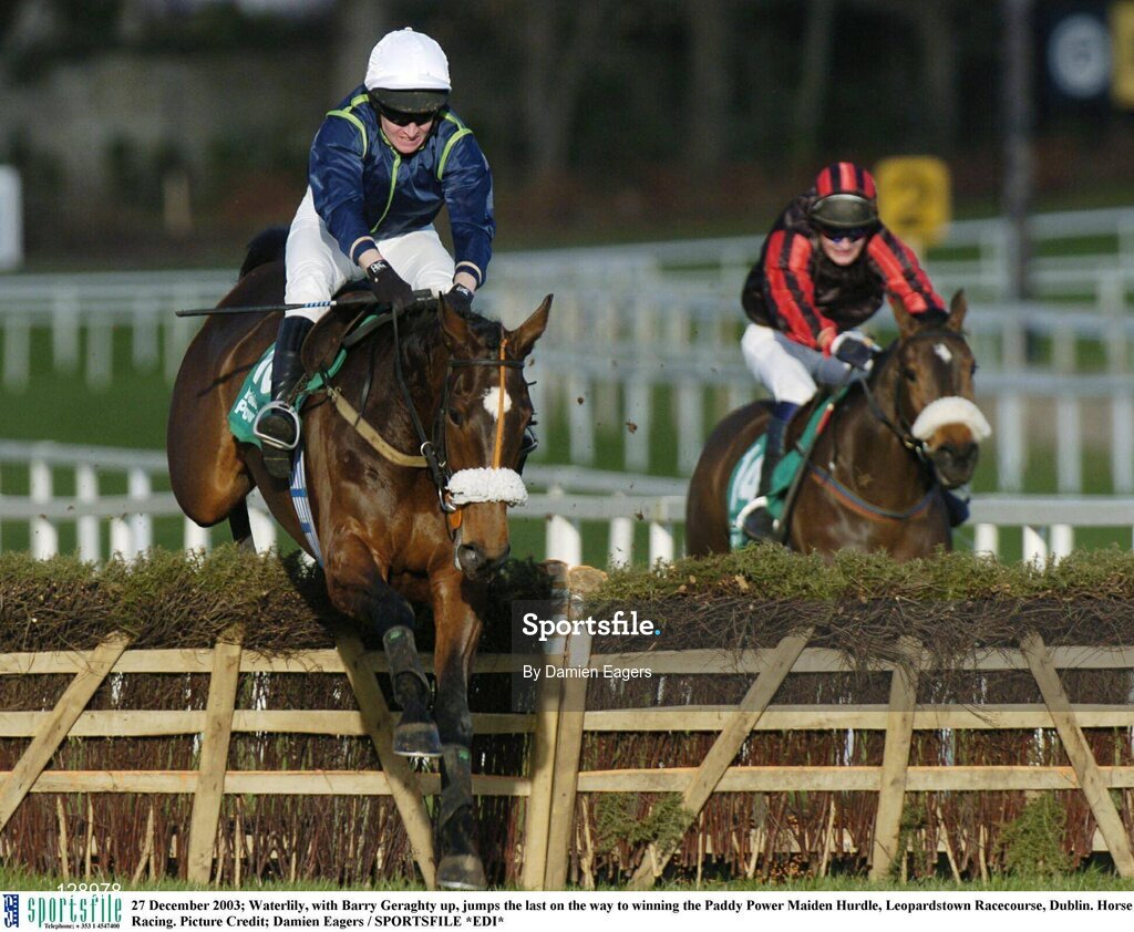 27 December 2003; Waterlily, with Barry Geraghty up, jumps the last on the way to winning the Paddy Power Maiden Hurdle, Leopardstown Racecourse, Dublin. Horse Racing. Picture Credit; Damien Eagers / SPORTSFILE *EDI*