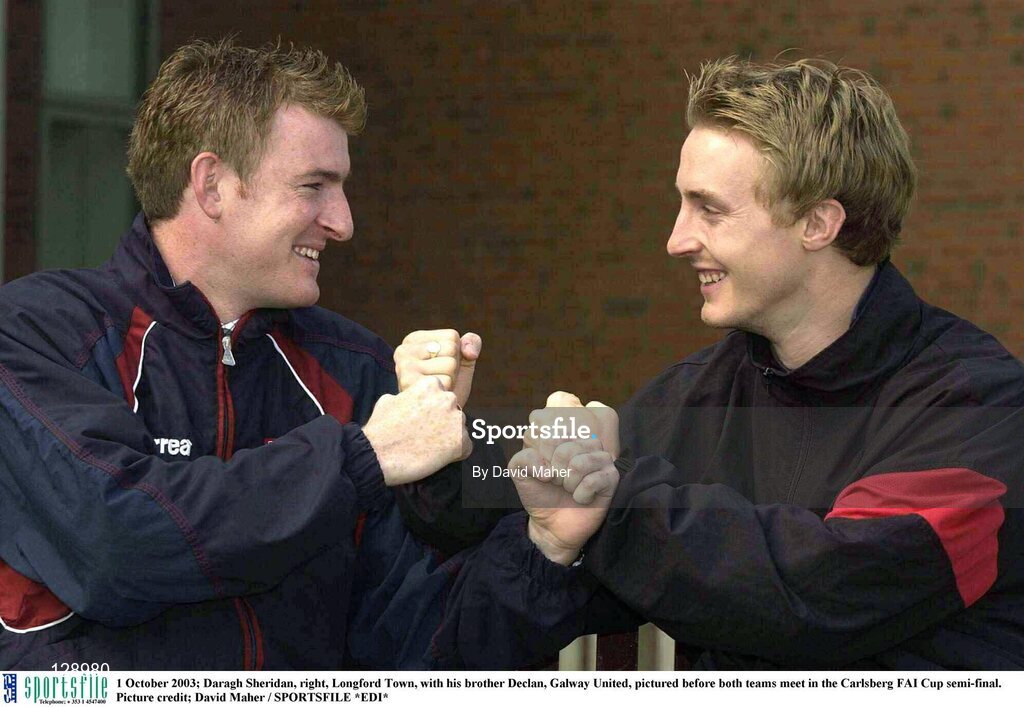 1 October 2003; Daragh Sheridan, right, Longford Town, with his brother Declan, Galway United, pictured before both teams meet in the Carlsberg FAI Cup semi-final. Picture credit; David Maher / SPORTSFILE *EDI*