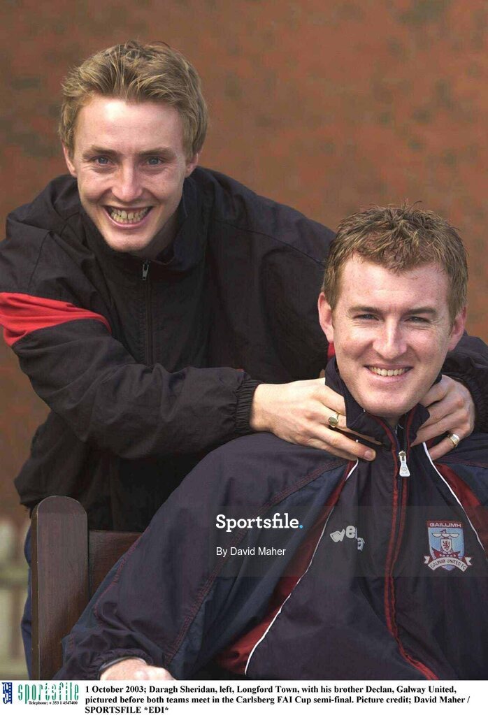 1 October 2003; Daragh Sheridan, left, Longford Town, with his brother Declan, Galway United, pictured before both teams meet in the Carlsberg FAI Cup semi-final. Picture credit; David Maher / SPORTSFILE *EDI*