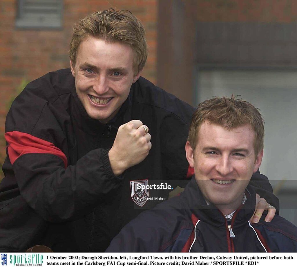 1 October 2003; Daragh Sheridan, left, Longford Town, with his brother Declan, Galway United, pictured before both teams meet in the Carlsberg FAI Cup semi-final. Picture credit; David Maher / SPORTSFILE *EDI*
