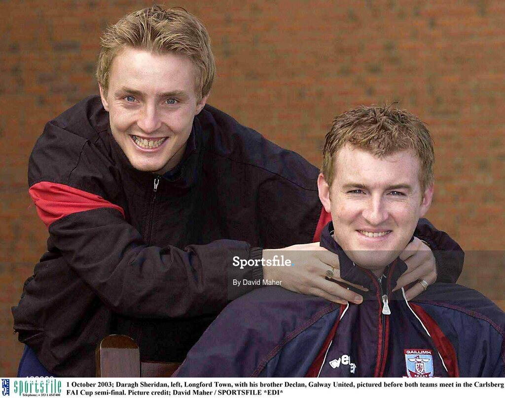 1 October 2003; Daragh Sheridan, left, Longford Town, with his brother Declan, Galway United, pictured before both teams meet in the Carlsberg FAI Cup semi-final. Picture credit; David Maher / SPORTSFILE *EDI*