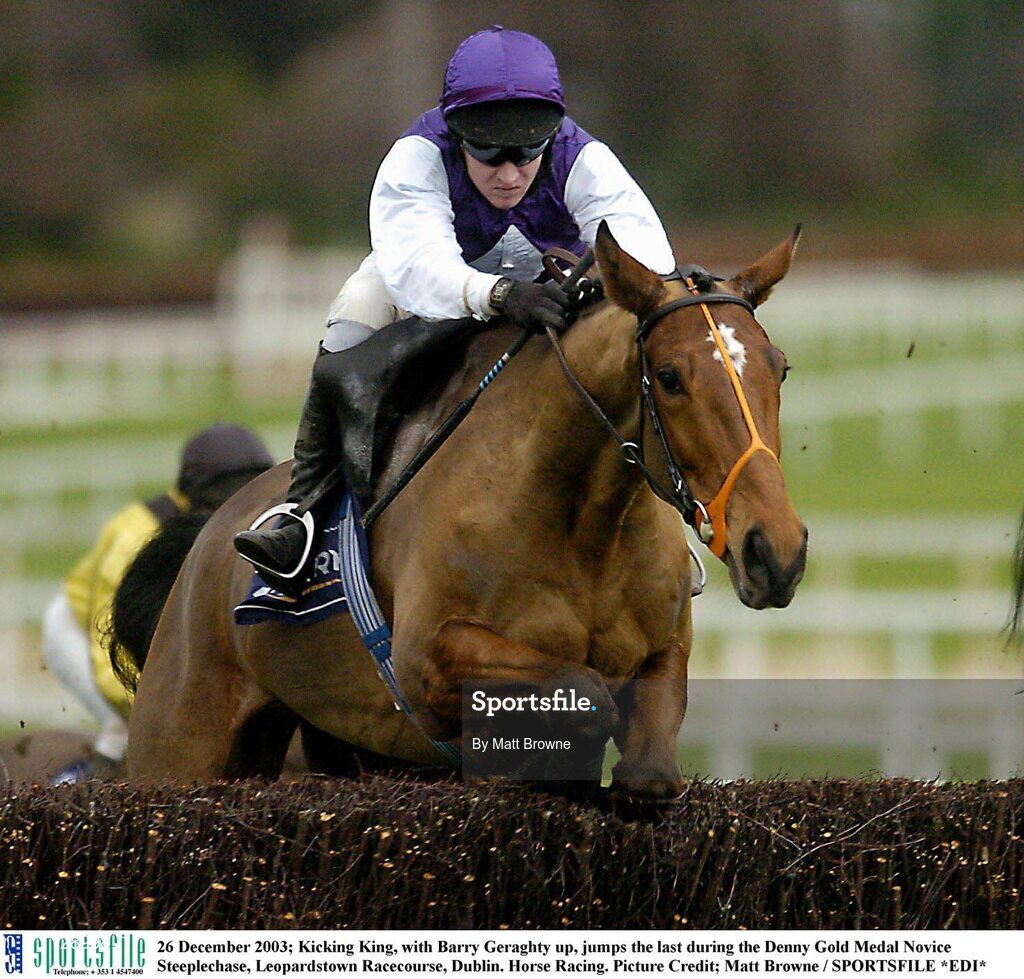 26 December 2003; Kicking King, with Barry Geraghty up, jumps the last during the Denny Gold Medal Novice Steeplechase, Leopardstown Racecourse, Dublin. Horse Racing. Picture Credit; Matt Browne / SPORTSFILE *EDI*