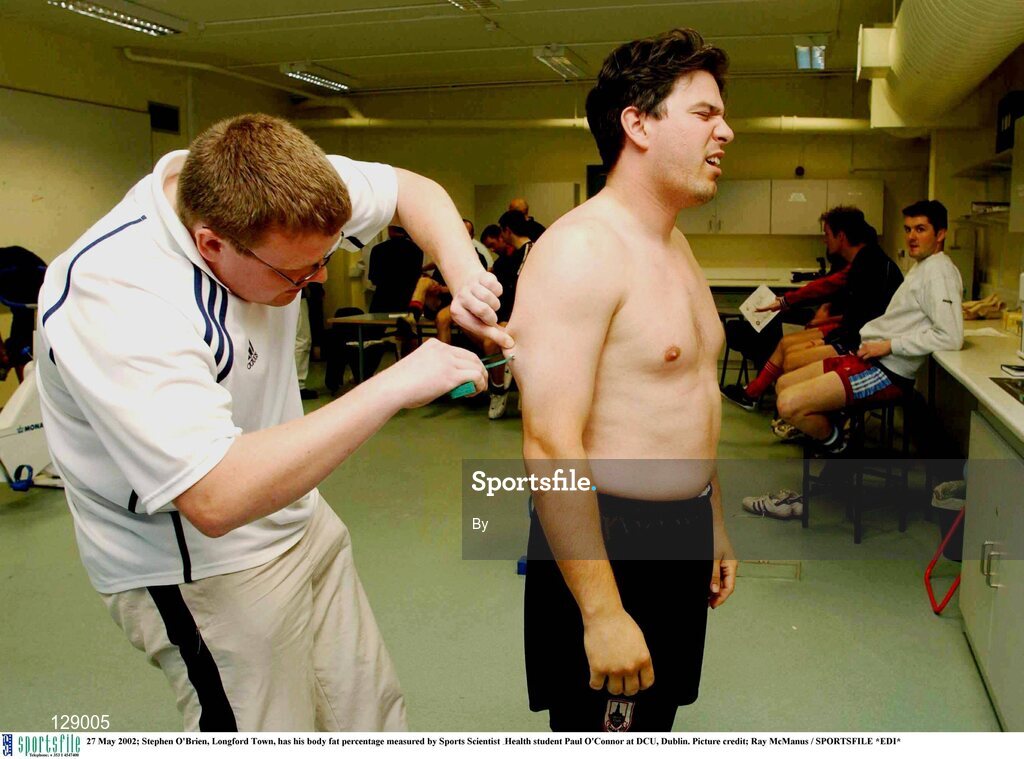 27 May 2002; Stephen O'Brien, Longford Town, has his body fat percentage measured by Sports Scientist & Health student Paul O'Connor at DCU, Dublin. Picture credit; Ray McManus / SPORTSFILE *EDI*