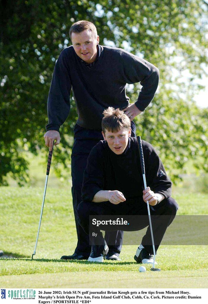 26 June 2002; Irish SUN golf journalist Brian Keogh gets a few tips from Michael Hoey. Murphy's Irish Open Pro Am, Fota Island Golf Club, Cobh, Co. Cork. Picture credit; Damien Eagers / SPORTSFILE *EDI*