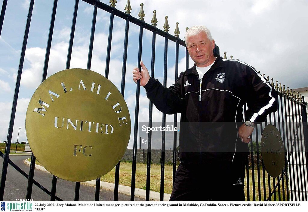 22 July 2002; Joey Malone, Malahide United manager, pictured at the gates to their ground in Malahide, Co.Dublin. Soccer. Picture credit; David Maher / SPORTSFILE *EDI*