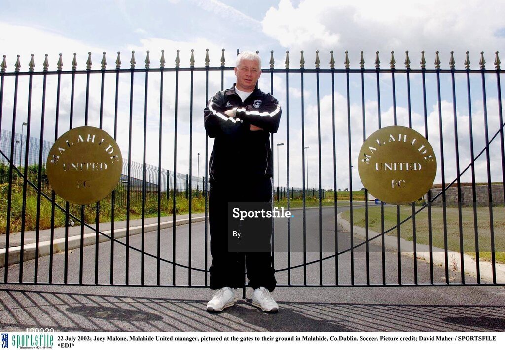 22 July 2002; Joey Malone, Malahide United manager, pictured at the gates to their ground in Malahide, Co.Dublin. Soccer. Picture credit; David Maher / SPORTSFILE *EDI*