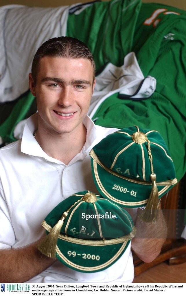 30 August 2002; Sean Dillion, Longford Town and Republic of Ireland, shows off his Republic of Ireland under-age caps at his home in Clondalkin, Co. Dublin. Soccer. Picture credit; David Maher / SPORTSFILE *EDI*