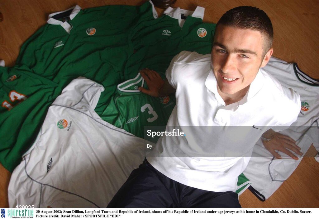 30 August 2002; Sean Dillion, Longford Town and Republic of Ireland, shows off his Republic of Ireland under-age jerseys at his home in Clondalkin, Co. Dublin. Soccer. Picture credit; David Maher / SPORTSFILE *EDI*