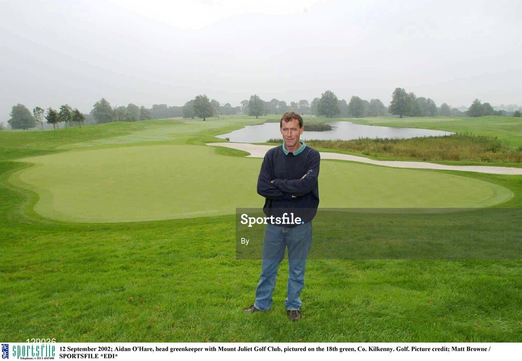 12 September 2002; Aidan O'Hare, head greenkeeper with Mount Juliet Golf Club, pictured on the 18th green, Co. Kilkenny. Golf. Picture credit; Matt Browne / SPORTSFILE *EDI*