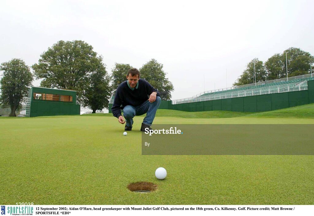 12 September 2002; Aidan O'Hare, head greenkeeper with Mount Juliet Golf Club, pictured on the 18th green, Co. Kilkenny. Golf. Picture credit; Matt Browne / SPORTSFILE *EDI*