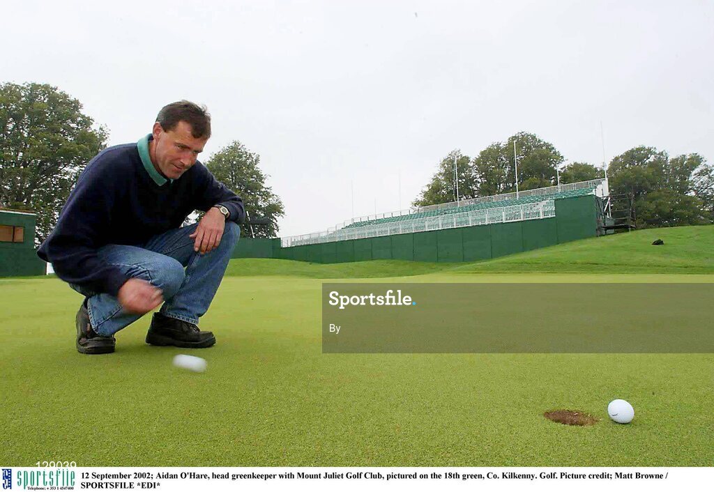 12 September 2002; Aidan O'Hare, head greenkeeper with Mount Juliet Golf Club, pictured on the 18th green, Co. Kilkenny. Golf. Picture credit; Matt Browne / SPORTSFILE *EDI*