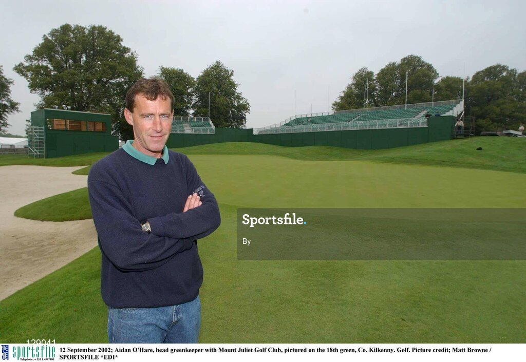 12 September 2002; Aidan O'Hare, head greenkeeper with Mount Juliet Golf Club, pictured on the 18th green, Co. Kilkenny. Golf. Picture credit; Matt Browne / SPORTSFILE *EDI*