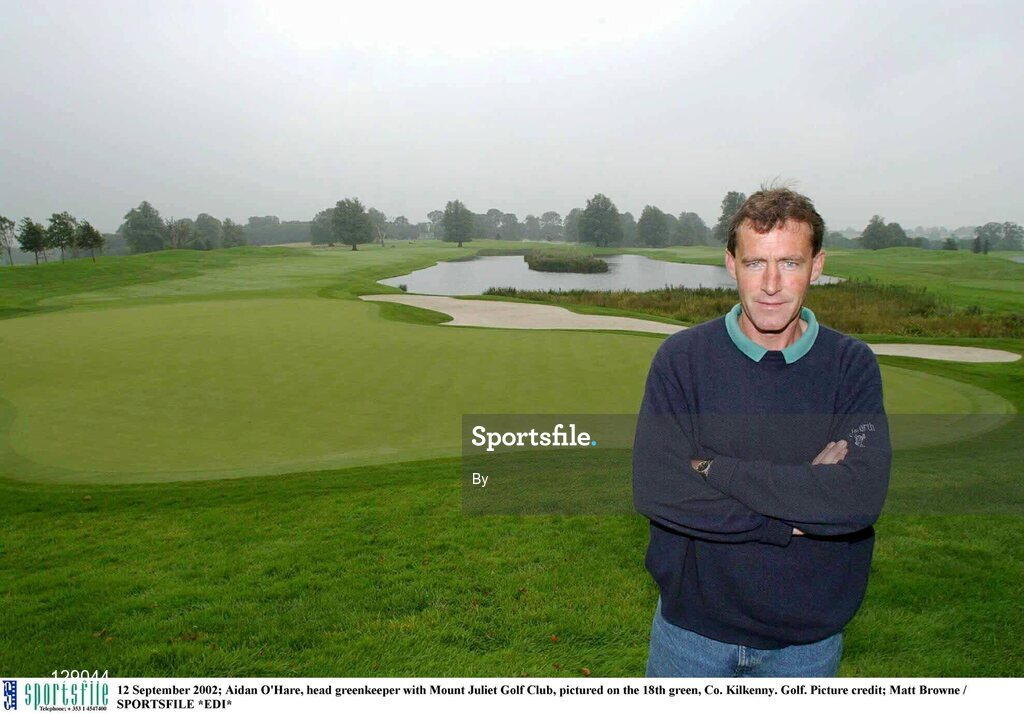 12 September 2002; Aidan O'Hare, head greenkeeper with Mount Juliet Golf Club, pictured on the 18th green, Co. Kilkenny. Golf. Picture credit; Matt Browne / SPORTSFILE *EDI*