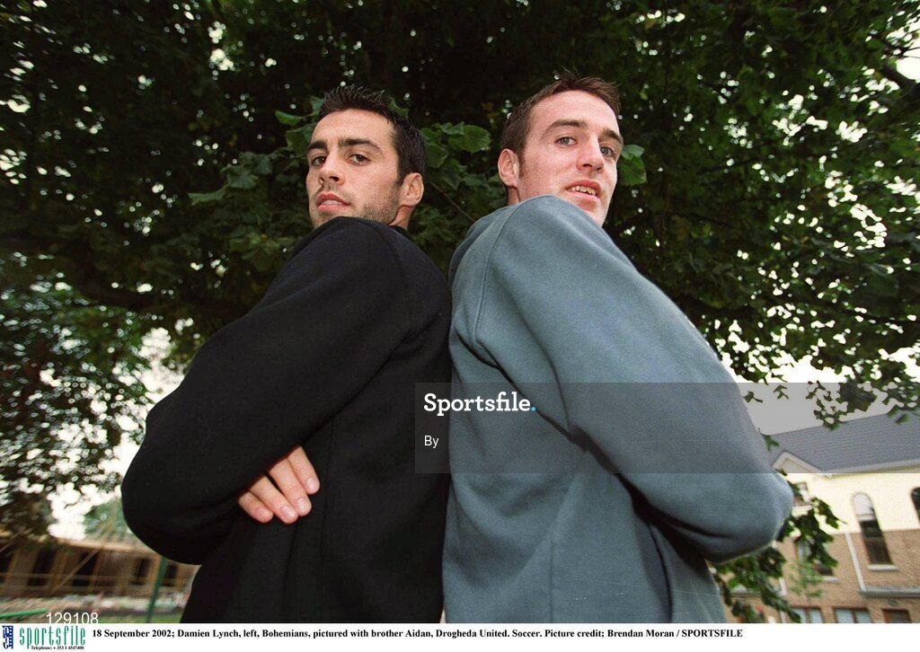 18 September 2002; Damien Lynch, left, Bohemians, pictured with brother Aidan, Drogheda United. Soccer. Picture credit; Brendan Moran / SPORTSFILE