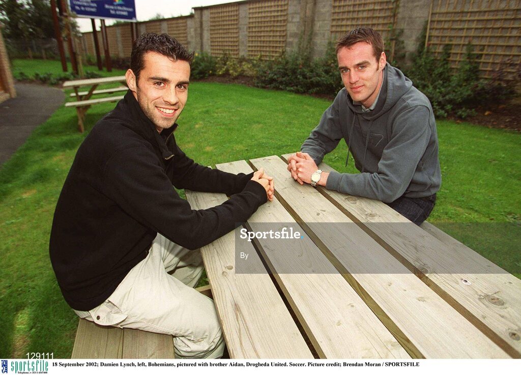 18 September 2002; Damien Lynch, left, Bohemians, pictured with brother Aidan, Drogheda United. Soccer. Picture credit; Brendan Moran / SPORTSFILE