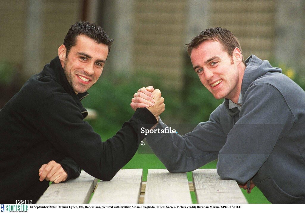 18 September 2002; Damien Lynch, left, Bohemians, pictured with brother Aidan, Drogheda United. Soccer. Picture credit; Brendan Moran / SPORTSFILE