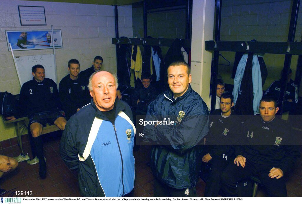 8 November 2002; UCD soccer coaches Theo Dunne, left, and Thomas Dunne pictured with the UCD players in the dressing room before training. Dublin . Soccer. Picture credit; Matt Browne / SPORTSFILE *EDI*