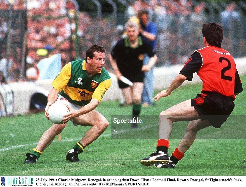 28 July 1991; Charlie Mulgrew, Donegal, in action against Down. Ulster Football Final, Down v Donegal, St Tighearnach's Park, Clones, Co. Monaghan. Picture credit; Ray McManus / SPORTSFILE
