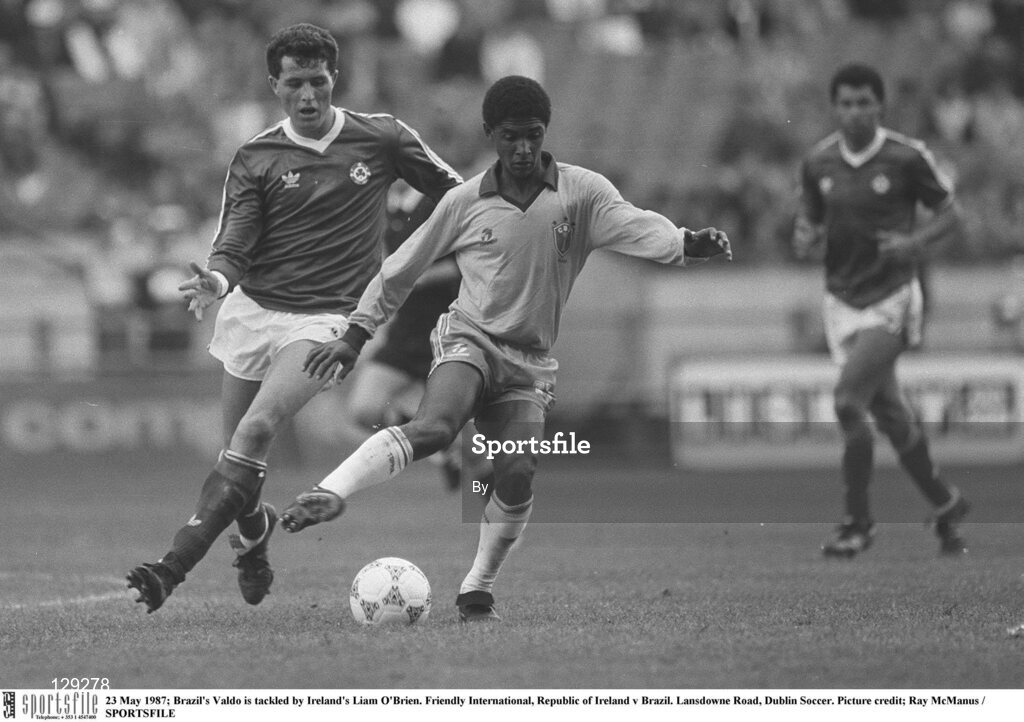 23 May 1987; Brazil's Valdo is tackled by Ireland's Liam O'Brien. Friendly International, Republic of Ireland v Brazil. Lansdowne Road, Dublin Soccer. Picture credit; Ray McManus / SPORTSFILE