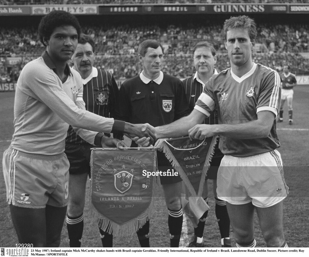 23 May 1987; Ireland captain Mick McCarthy shakes hands with Brazil captain Geraldao. Friendly International, Republic of Ireland v Brazil. Lansdowne Road, Dublin Soccer. Picture credit; Ray McManus / SPORTSFILE