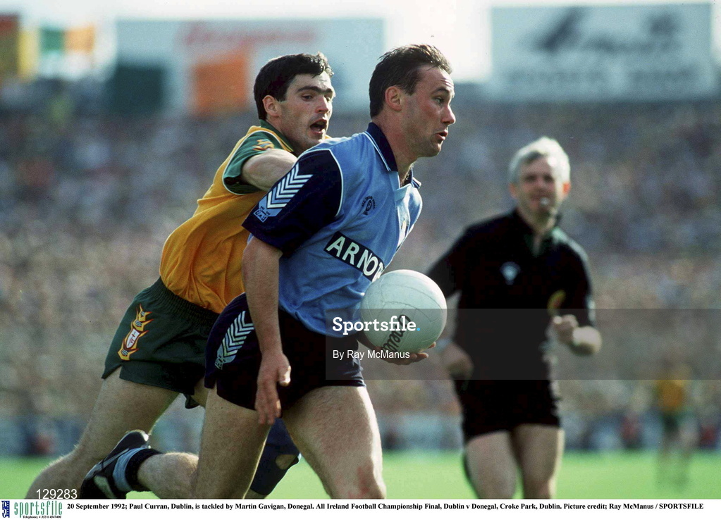 20 September 1992; Paul Curran of Dublin is tackled by Martin Gavigan of Donegal during the All Ireland Senior Football Championship Final match between Dublin and Donegal at Croke Park, Dublin. Photo by Ray McManus/Sportsfile