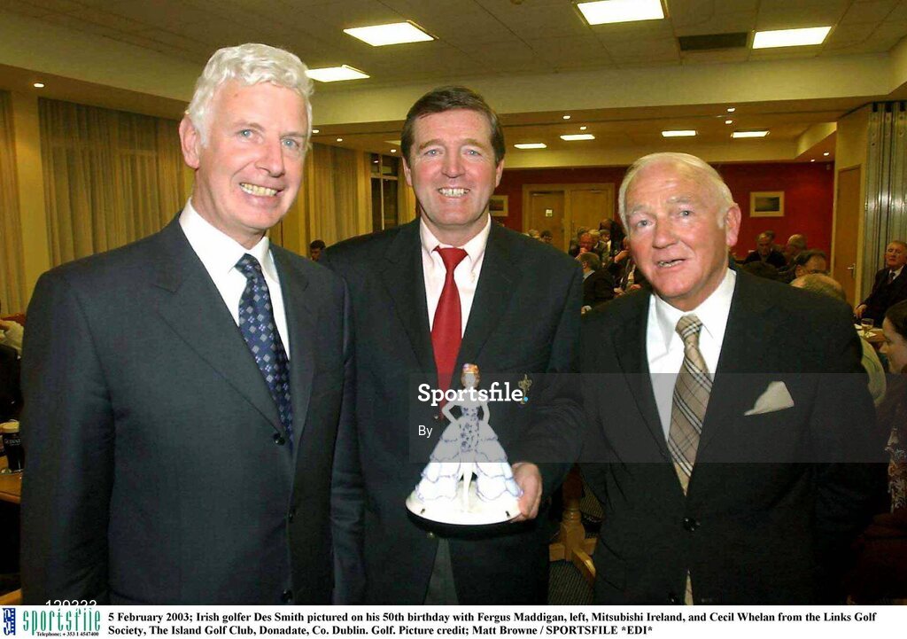5 February 2003; Irish golfer Des Smith pictured on his 50th birthday with Fergus Maddigan, left, Mitsubishi Ireland, and Cecil Whelan from the Links Golf Society, The Island Golf Club, Donadate, Co. Dublin. Golf. Picture credit; Matt Browne / SPORTSFILE *EDI*