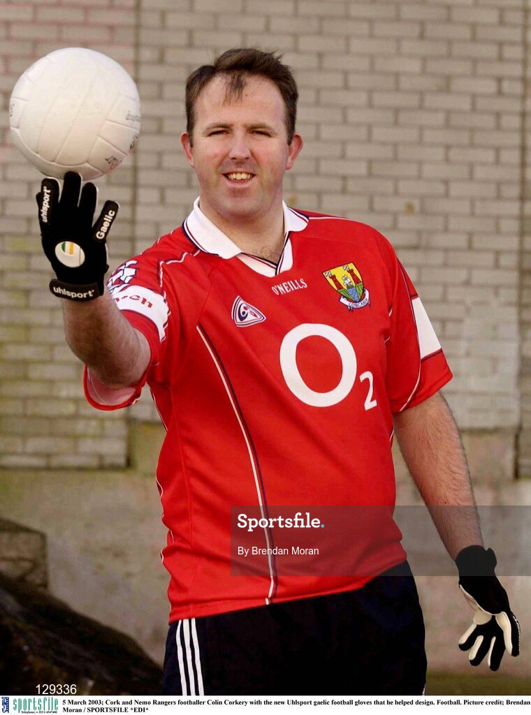 5 March 2003; Cork and Nemo Rangers footballer Colin Corkery with the new Uhlsport gaelic football gloves that he helped design. Football. Picture credit; Brendan Moran / SPORTSFILE *EDI*