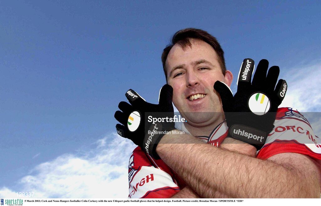 5 March 2003; Cork and Nemo Rangers footballer Colin Corkery with the new Uhlsport gaelic football gloves that he helped design. Football. Picture credit; Brendan Moran / SPORTSFILE *EDI*