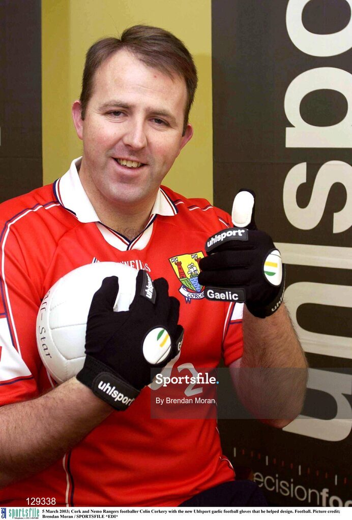 5 March 2003; Cork and Nemo Rangers footballer Colin Corkery with the new Uhlsport gaelic football gloves that he helped design. Football. Picture credit; Brendan Moran / SPORTSFILE *EDI*