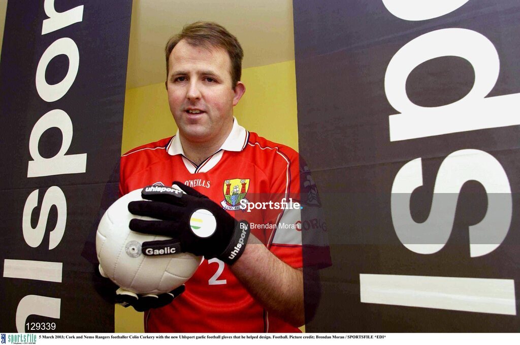 5 March 2003; Cork and Nemo Rangers footballer Colin Corkery with the new Uhlsport gaelic football gloves that he helped design. Football. Picture credit; Brendan Moran / SPORTSFILE *EDI*