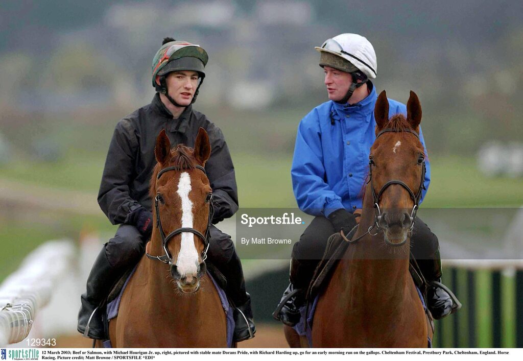 12 March 2003; Beef or Salmon, with Michael Hourigan Jr. up, right, pictured with stable mate Dorans Pride, with Richard Harding up, go for an early morning run on the gallops. Cheltenham Festival, Prestbury Park, Cheltenham, England. Horse Racing. Picture credit; Matt Browne / SPORTSFILE *EDI*