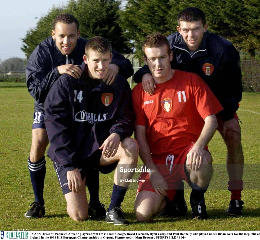 15 April 2003; St. Patrick's Athletic players, from l to r, Liam George, David Freeman, Ryan Casey and Paul Donnelly who played under Brian Kerr for the Republic of Ireland in the 1998 U18 European Championships in Cyprus. Picture credit; Matt Browne / SPORTSFILE *EDI*