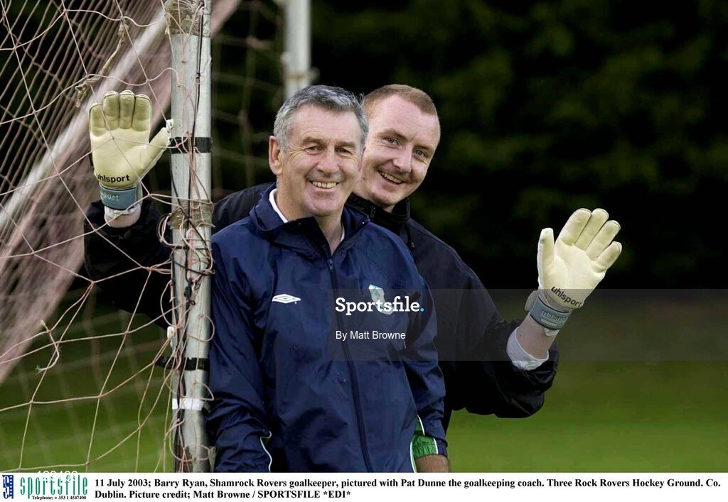 11 July 2003; Barry Ryan, Shamrock Rovers goalkeeper, pictured with Pat Dunne the goalkeeping coach. Three Rock Rovers Hockey Ground. Co. Dublin. Picture credit; Matt Browne / SPORTSFILE *EDI*