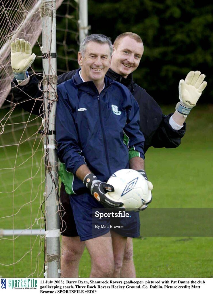 11 July 2003;  Barry Ryan, Shamrock Rovers goalkeeper, pictured with Pat Dunne the club goalkeeping coach. Three Rock Rovers Hockey Ground. Co. Dublin. Picture credit; Matt Browne / SPORTSFILE *EDI*