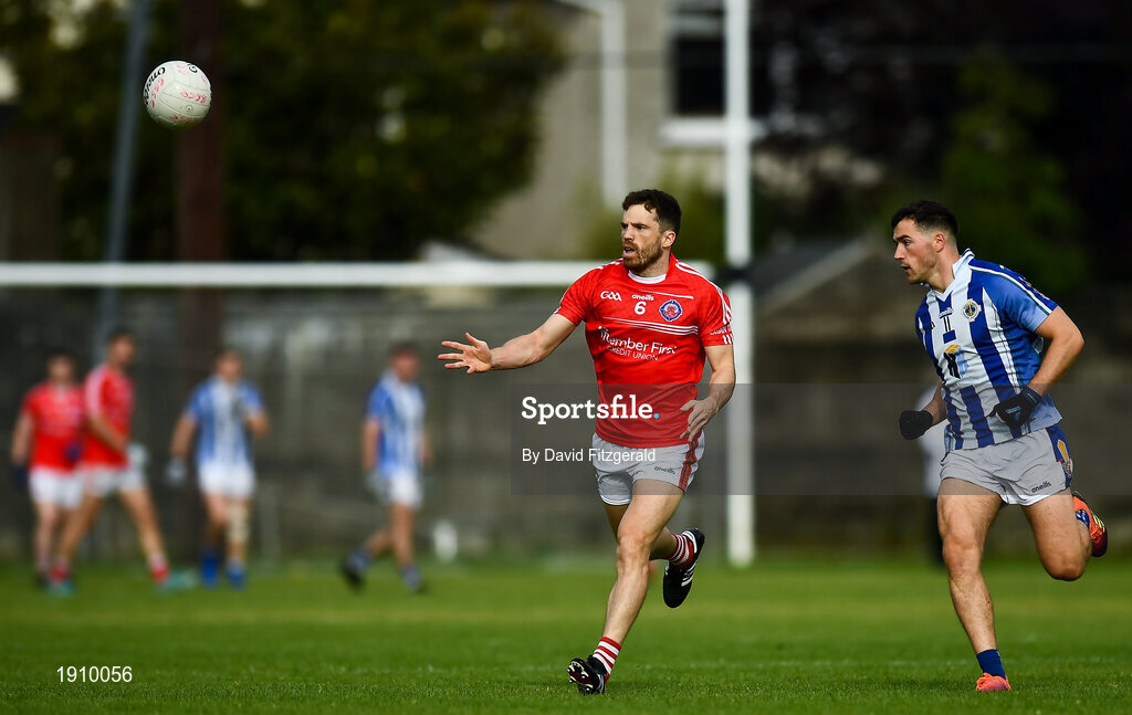 25 July 2020; Chris Barrett of Clontarf in action against Colm Basquel of Ballyboden St Enda's during the Dublin County Senior Football Championship Round 1 match between Ballyboden St Endas and Clontarf at Pairc Uí Mhurchu in Dublin. GAA matches continue to take place in front of a limited number of people in an effort to contain the spread of the Coronavirus (COVID-19) pandemic. Photo by David Fitzgerald/Sportsfile