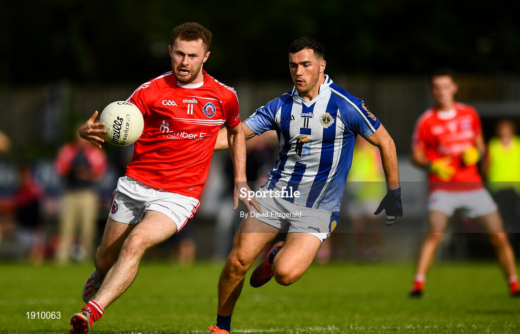 25 July 2020; Jack McCaffrey of Clontarf in action against Colm Basquel of Ballyboden St Enda's during the Dublin County Senior Football Championship Round 1 match between Ballyboden St Endas and Clontarf at Pairc Uí Mhurchu in Dublin. GAA matches continue to take place in front of a limited number of people in an effort to contain the spread of the Coronavirus (COVID-19) pandemic. Photo by David Fitzgerald/Sportsfile