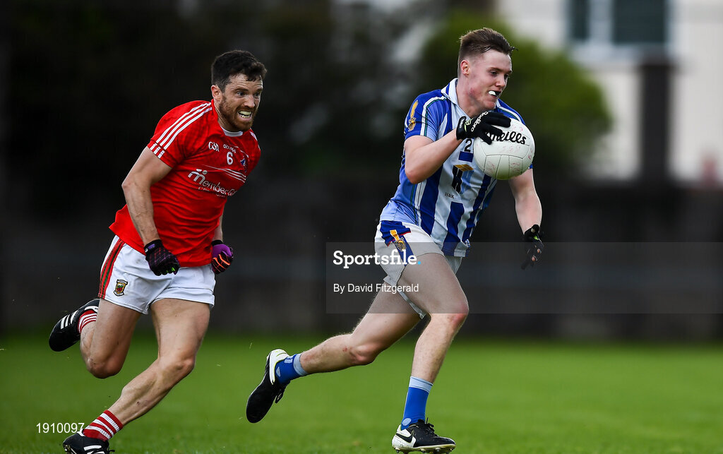 25 July 2020; Kieran Kennedy of Ballyboden St Enda's in action against Chris Barrett of Clontarf during the Dublin County Senior Football Championship Round 1 match between Ballyboden St Endas and Clontarf at Pairc Uí Mhurchu in Dublin. GAA matches continue to take place in front of a limited number of people in an effort to contain the spread of the Coronavirus (COVID-19) pandemic. Photo by David Fitzgerald/Sportsfile