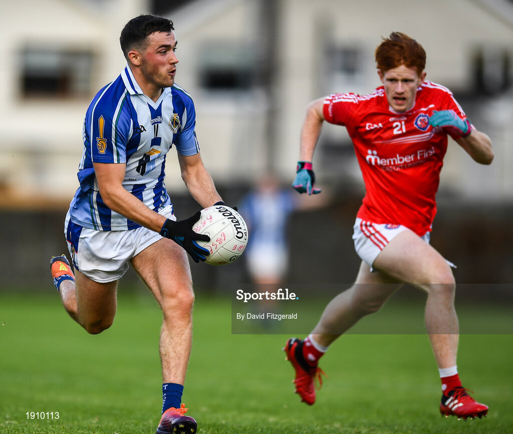 25 July 2020; Colm Basquel of Ballyboden St Enda's in action against Charlie Meehan of Clontarf during the Dublin County Senior Football Championship Round 1 match between Ballyboden St Endas and Clontarf at Pairc Uí Mhurchu in Dublin. GAA matches continue to take place in front of a limited number of people in an effort to contain the spread of the Coronavirus (COVID-19) pandemic. Photo by David Fitzgerald/Sportsfile