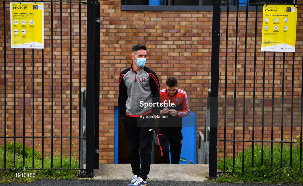 26 July 2020; Glen O'Brien and Craig Foster of Gorey Rangers make their way to the pitch ahead of the FAI New Balance Junior Cup Quarter-Final match between Usher Celtic and Gorey Rangers at Grangegorman IT in Dublin. Competitive Soccer matches have been approved to return following the guidelines of Phase 3 of the Irish Government’s Roadmap for Reopening of Society and Business and protocols set down by the Soccer governing authorities. With games having been suspended since March, competitive games can take place with updated protocols including a limit of 200 individuals at any one outdoor event, including players, officials and a limited number of spectators, with social distancing, hand sanitisation and face masks being worn by those in attendance among other measures in an effort to contain the spread of the Coronavirus (COVID-19). Photo by Sam Barnes/Sportsfile