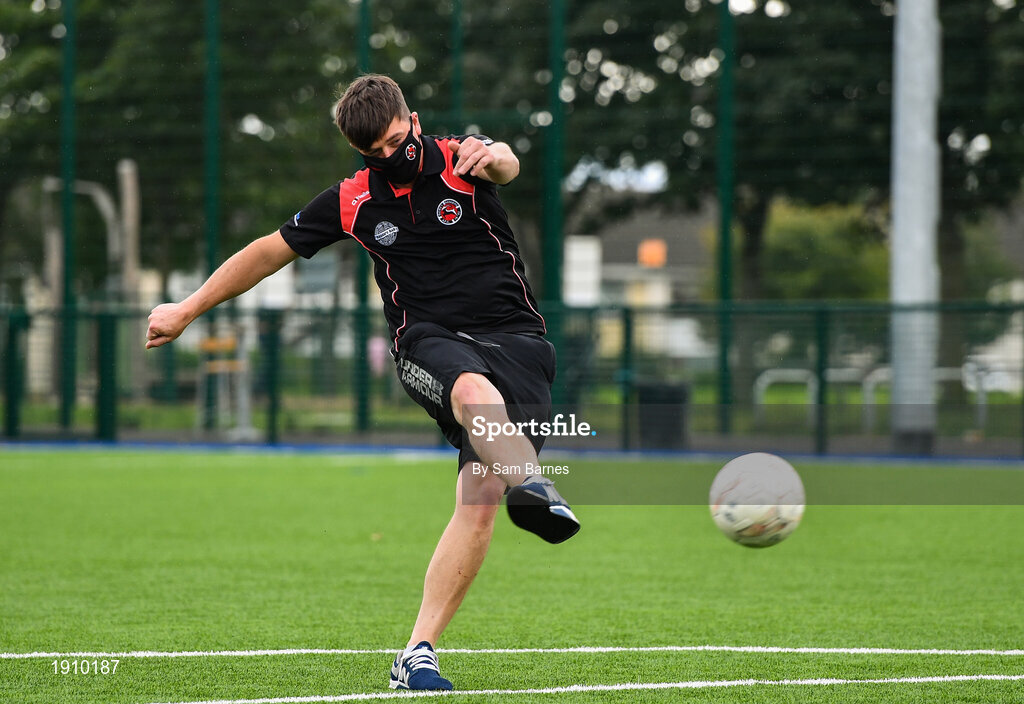26 July 2020; Gavin Griffiths of Gorey Rangers warms up ahead of the FAI New Balance Junior Cup Quarter-Final match between Usher Celtic and Gorey Rangers at Grangegorman IT in Dublin. Competitive Soccer matches have been approved to return following the guidelines of Phase 3 of the Irish Government’s Roadmap for Reopening of Society and Business and protocols set down by the Soccer governing authorities. With games having been suspended since March, competitive games can take place with updated protocols including a limit of 200 individuals at any one outdoor event, including players, officials and a limited number of spectators, with social distancing, hand sanitisation and face masks being worn by those in attendance among other measures in an effort to contain the spread of the Coronavirus (COVID-19). Photo by Sam Barnes/Sportsfile