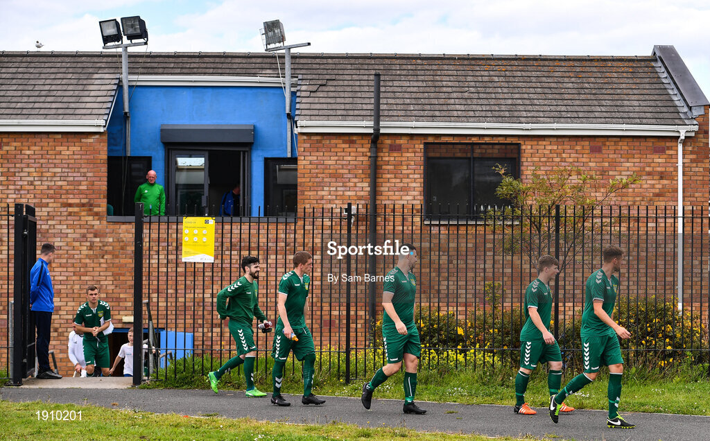 26 July 2020; The Usher Celtic team make their way to the pitch ahead of the FAI New Balance Junior Cup Quarter-Final match between Usher Celtic and Gorey Rangers at Grangegorman IT in Dublin. Competitive Soccer matches have been approved to return following the guidelines of Phase 3 of the Irish Government’s Roadmap for Reopening of Society and Business and protocols set down by the Soccer governing authorities. With games having been suspended since March, competitive games can take place with updated protocols including a limit of 200 individuals at any one outdoor event, including players, officials and a limited number of spectators, with social distancing, hand sanitisation and face masks being worn by those in attendance among other measures in an effort to contain the spread of the Coronavirus (COVID-19). Photo by Sam Barnes/Sportsfile