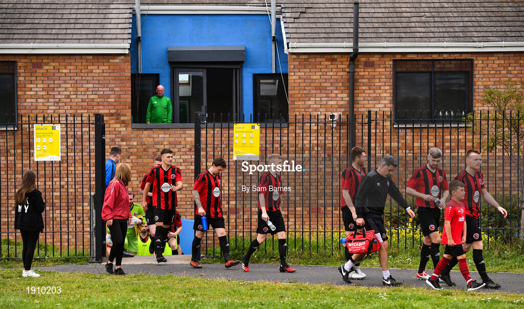 26 July 2020; The Gorey Rangers team make their way to the pitch ahead of the FAI New Balance Junior Cup Quarter-Final match between Usher Celtic and Gorey Rangers at Grangegorman IT in Dublin. Competitive Soccer matches have been approved to return following the guidelines of Phase 3 of the Irish Government’s Roadmap for Reopening of Society and Business and protocols set down by the Soccer governing authorities. With games having been suspended since March, competitive games can take place with updated protocols including a limit of 200 individuals at any one outdoor event, including players, officials and a limited number of spectators, with social distancing, hand sanitisation and face masks being worn by those in attendance among other measures in an effort to contain the spread of the Coronavirus (COVID-19). Photo by Sam Barnes/Sportsfile