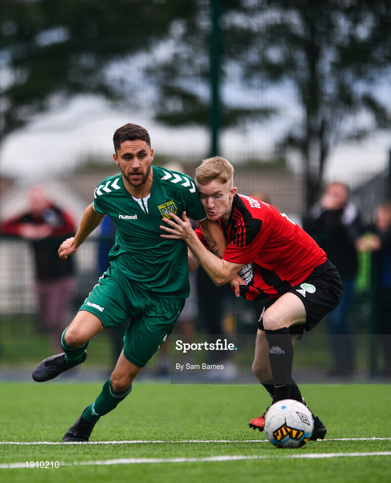 26 July 2020; Jordan Buckley of Usher Celtic in action against Conor Casserly of Gorey Rangers during the FAI New Balance Junior Cup Quarter-Final match between Usher Celtic and Gorey Rangers at Grangegorman IT in Dublin. Competitive Soccer matches have been approved to return following the guidelines of Phase 3 of the Irish Government’s Roadmap for Reopening of Society and Business and protocols set down by the Soccer governing authorities. With games having been suspended since March, competitive games can take place with updated protocols including a limit of 200 individuals at any one outdoor event, including players, officials and a limited number of spectators, with social distancing, hand sanitisation and face masks being worn by those in attendance among other measures in an effort to contain the spread of the Coronavirus (COVID-19). Photo by Sam Barnes/Sportsfile