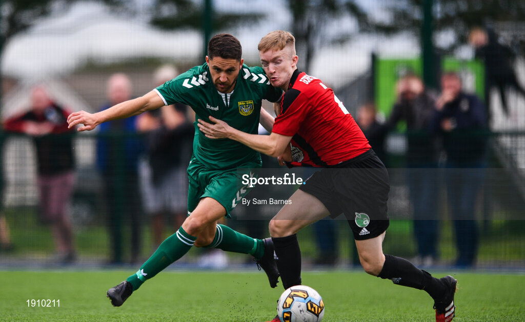 26 July 2020; Jordan Buckley of Usher Celtic in action against Conor Casserly of Gorey Rangers during the FAI New Balance Junior Cup Quarter-Final match between Usher Celtic and Gorey Rangers at Grangegorman IT in Dublin. Competitive Soccer matches have been approved to return following the guidelines of Phase 3 of the Irish Government’s Roadmap for Reopening of Society and Business and protocols set down by the Soccer governing authorities. With games having been suspended since March, competitive games can take place with updated protocols including a limit of 200 individuals at any one outdoor event, including players, officials and a limited number of spectators, with social distancing, hand sanitisation and face masks being worn by those in attendance among other measures in an effort to contain the spread of the Coronavirus (COVID-19). Photo by Sam Barnes/Sportsfile