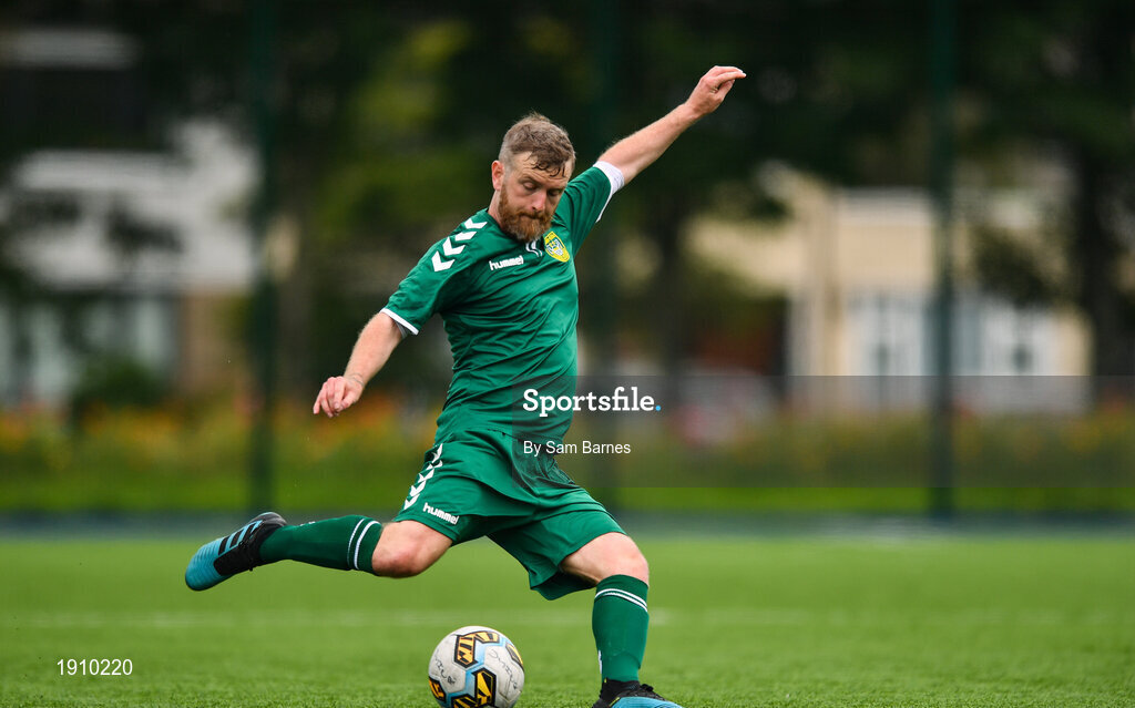 26 July 2020; Graham Curran of Usher Celtic shoots to score his side's first goal from distance during the FAI New Balance Junior Cup Quarter-Final match between Usher Celtic and Gorey Rangers at Grangegorman IT in Dublin. Competitive Soccer matches have been approved to return following the guidelines of Phase 3 of the Irish Government’s Roadmap for Reopening of Society and Business and protocols set down by the Soccer governing authorities. With games having been suspended since March, competitive games can take place with updated protocols including a limit of 200 individuals at any one outdoor event, including players, officials and a limited number of spectators, with social distancing, hand sanitisation and face masks being worn by those in attendance among other measures in an effort to contain the spread of the Coronavirus (COVID-19). Photo by Sam Barnes/Sportsfile