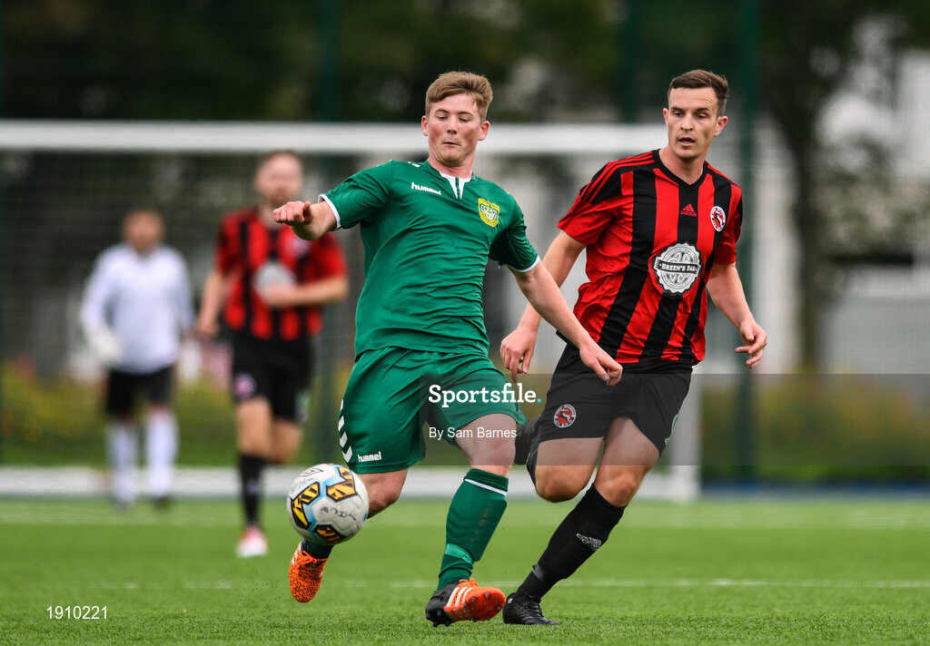 26 July 2020; Calvin Douglas of Usher Celtic in action against Gavin O'Brien of Gorey Rangers during the FAI New Balance Junior Cup Quarter-Final match between Usher Celtic and Gorey Rangers at Grangegorman IT in Dublin. Competitive Soccer matches have been approved to return following the guidelines of Phase 3 of the Irish Government’s Roadmap for Reopening of Society and Business and protocols set down by the Soccer governing authorities. With games having been suspended since March, competitive games can take place with updated protocols including a limit of 200 individuals at any one outdoor event, including players, officials and a limited number of spectators, with social distancing, hand sanitisation and face masks being worn by those in attendance among other measures in an effort to contain the spread of the Coronavirus (COVID-19). Photo by Sam Barnes/Sportsfile