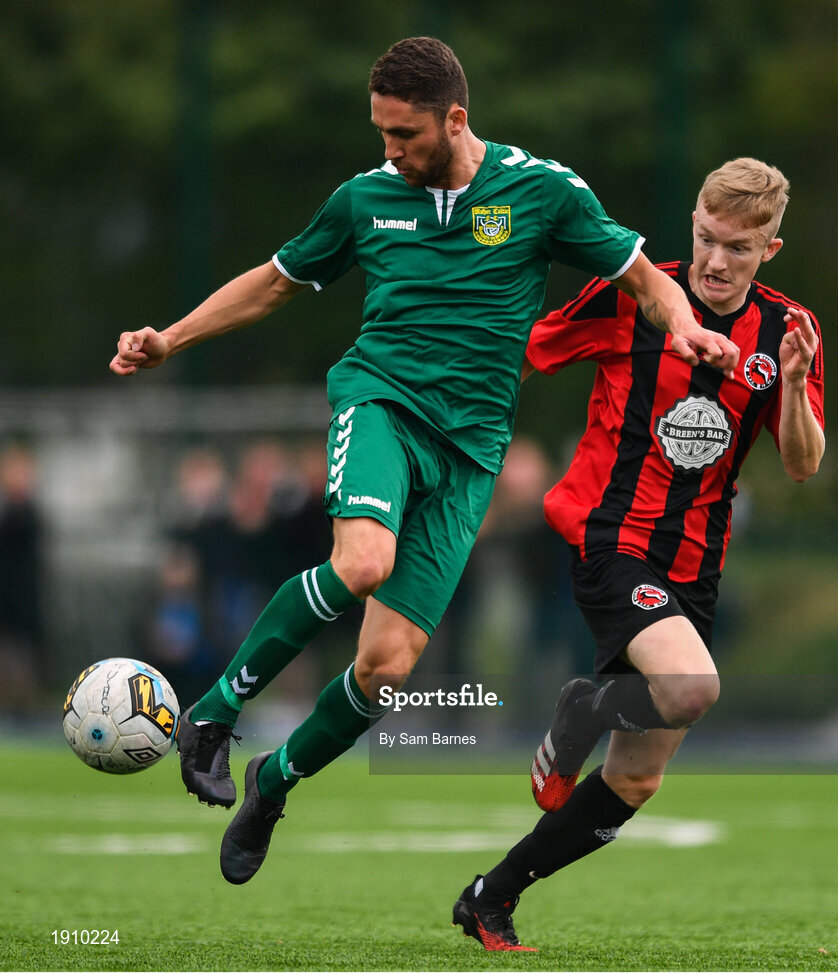 26 July 2020; Jordan Buckley of Usher Celtic in action against Conor Casserly of Gorey Rangers during the FAI New Balance Junior Cup Quarter-Final match between Usher Celtic and Gorey Rangers at Grangegorman IT in Dublin. Competitive Soccer matches have been approved to return following the guidelines of Phase 3 of the Irish Government’s Roadmap for Reopening of Society and Business and protocols set down by the Soccer governing authorities. With games having been suspended since March, competitive games can take place with updated protocols including a limit of 200 individuals at any one outdoor event, including players, officials and a limited number of spectators, with social distancing, hand sanitisation and face masks being worn by those in attendance among other measures in an effort to contain the spread of the Coronavirus (COVID-19). Photo by Sam Barnes/Sportsfile