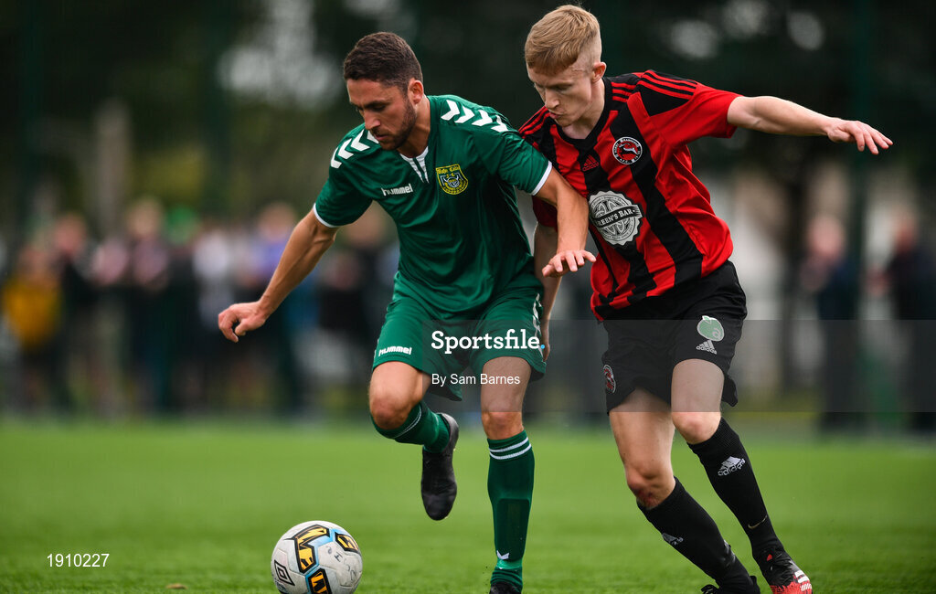 26 July 2020; Jordan Buckley of Usher Celtic in action against Conor Casserly of Gorey Rangers during the FAI New Balance Junior Cup Quarter-Final match between Usher Celtic and Gorey Rangers at Grangegorman IT in Dublin. Competitive Soccer matches have been approved to return following the guidelines of Phase 3 of the Irish Government’s Roadmap for Reopening of Society and Business and protocols set down by the Soccer governing authorities. With games having been suspended since March, competitive games can take place with updated protocols including a limit of 200 individuals at any one outdoor event, including players, officials and a limited number of spectators, with social distancing, hand sanitisation and face masks being worn by those in attendance among other measures in an effort to contain the spread of the Coronavirus (COVID-19). Photo by Sam Barnes/Sportsfile